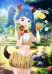  1girl animal_ears animal_hands asukamama89 blue_eyes blue_hair bow bowtie brown_shirt brown_skirt cowboy_shot cut_bangs day dog_ears dog_tail fake_animal_ears fur_shirt fur_skirt gloves hair_bow highres hirogaru_sky!_precure looking_at_viewer medium_hair miniskirt navel open_mouth outdoors paw_gloves paw_pose precure red_bow red_bowtie romaji_text shirt side_ponytail single_sidelock skirt sleeveless sleeveless_shirt smile solo sora_harewataru standing tail translated yellow_bow 