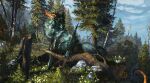  animal_focus artist_name blue_sky claws commentary commission day dragon english_commentary fallen_tree forest grass highres horns landscape looking_at_viewer monster nature no_humans oneyros orange_horns original outdoors rock scales scenery sky solo tree yellow_eyes 