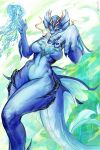 anthro big_tail black_claws black_sclera blue_body blue_eyes blue_fur breasts claws female fin fur hi_res medium_breasts mythological_creature mythology scales solo stripes tail thick_thighs whiskers yonixueko