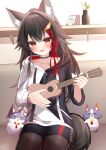  1girl animal_ear_fluff animal_ears black_choker black_hair black_hoodie black_shorts blush choker guitar hair_ornament hairpin highres holding holding_guitar holding_instrument hololive hood hoodie instrument long_hair looking_at_viewer miofa_(ookami_mio) multicolored_hair official_alternate_costume ookami_mio ookami_mio_(3rd_costume) open_mouth red_hair shorts smile streaked_hair tail torimuraa two-tone_hoodie virtual_youtuber white_hoodie wolf_ears wolf_girl wolf_tail yellow_eyes 