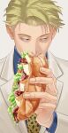  1boy animal_print biting blonde_hair blue_shirt bread brown_eyes cheese collared_shirt eating food grey_suit highres holding holding_food jujutsu_kaisen leopard_print lettuce male_focus nanami_kento necktie osusiudon sandwich shirt short_hair solo suit teeth twitter_username yellow_necktie 