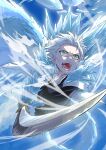  1boy absurdres artist_name bankai black_shirt bleach blood blood_on_face blue_sky cloud collarbone cryokinesis daiguren_hyourinmaru_(bankai) flying green_eyes haori highres hitsugaya_toushirou holding holding_sword holding_weapon ice ice_wings injury japanese_clothes male_focus open_mouth shihakusho shirt sky solo spiked_hair sword taichou_haori tail ten0u0 weapon wings zanpakutou 