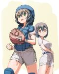 2girls baseball_mitt baseball_uniform belt blue_belt breasts character_request chest_protector clenched_hand double-parted_bangs fang green_eyes grey_hair hair_between_eyes hair_ornament hairclip hand_on_own_arm helmet knee_pads laorenxing light_frown looking_ahead looking_at_another medium_breasts medium_hair multiple_girls red_eyes shirt short_hair shorts sportswear tamayomi white_shirt white_shorts yamazaki_tamaki 