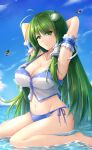  armpits bikini blue_bikini breasts cleavage collarbone frog_hair_ornament green_eyes green_hair hair_ornament hakurei_reimu highres kirisame_marisa kochiya_sanae large_breasts long_hair looking_at_viewer midriff ocean seiya_(iiseven) sitting smile snake_hair_ornament swimsuit thighs touhou white_bikini yokozuwari 