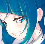  1girl blue_eyes blue_hair close-up commentary cut_bangs grin half-closed_eyes highres hirogaru_sky!_precure looking_at_viewer medium_hair noe_graphics precure single_sidelock smile solo sora_harewataru 