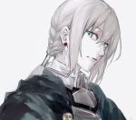  1boy aqua_eyes armor bedivere_(fate) cloak closed_mouth earrings fate/grand_order fate_(series) forzen grey_hair hair_tubes jewelry long_hair looking_at_viewer male_focus portrait sidelocks simple_background solo white_background 