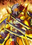  armor carloromeroart claws crotch_plate digimon digimon_adventure:_(2020) dragon fire glowing glowing_eyes helmet highres horns looking_at_viewer red_hair short_hair shoulder_armor solo spiked_hair spikes wargreymon 