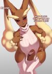 anthro big_breasts breasts brown_body brown_fur buransan clothed clothing digital_media_(artwork) female fur generation_4_pokemon hi_res huge_breasts lagomorph legwear looking_at_viewer lopunny mammal meme meme_clothing nintendo pokemon pokemon_(species) simple_background solo sweater topwear virgin_killer_sweater