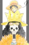  2boys ^_^ afro artist_name ascot black_hair blue_ascot brook_(one_piece) child close-up closed_eyes crown eyewear_on_head feather_boa hanakotoba28 hat highres looking_at_viewer male_focus monkey_d._luffy multiple_boys on_head one_piece orange_feathers scar scar_on_face short_hair skeleton straw_hat 