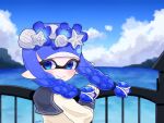  1girl blue_eyes blue_hair blue_sky braid closed_mouth cloud commentary_request fence head_wreath highres horizon inkling inkling_girl inkling_player_character long_hair looking_at_viewer looking_back outdoors pointy_ears sky smile solo splatoon_(series) splatoon_3 tentacle_hair tonbofree twin_braids upper_body water 