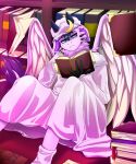  anthro black_hair blue_eyes book bookshelf clothed clothing cosplay dragon dress feathered_dragon feathers focused furniture hair hi_res male moonfluffmf pink_body reading reading_book solo touhou video_games 