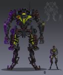  1boy absurdres apex_legends cable full_body green_eyes grey_background highres humanoid_robot joints looking_at_viewer mecha mechanization octane_(apex_legends) robot robot_joints science_fiction shadow size_comparison titan_(titanfall) titanfall_(series) wolfdawg_art 