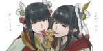  2girls :d black_hair blush dango ettone eyebrows_visible_through_hair food green_eyes highres hime_cut hinoa licking long_hair looking_at_viewer minoto monster_hunter_(series) monster_hunter_rise multiple_girls open_mouth pointy_ears simple_background smile sweatdrop tongue tongue_out wagashi white_background 