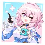  1girl ;d black_gloves blue_eyes blue_jacket breasts camera commentary_request gloves hand_up highres holding holding_camera honkai:_star_rail honkai_(series) jacket jiu_fanglianhua looking_at_viewer march_7th_(honkai:_star_rail) medium_breasts medium_hair one_eye_closed open_mouth pink_eyes pink_hair shirt smile solo two-tone_eyes upper_body white_shirt 