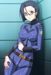  1girl anchor_print anchor_symbol belt black_hair blue_hair bob_cut bodysuit breasts brown_eyes covered_nipples earrings forehead glasses hair_between_eyes hair_ornament hairclip hand_on_own_hip jewelry looking_at_viewer medium_breasts monteriakitto niimi_kaoru parted_lips semi-rimless_eyewear short_hair skin_tight solo uchuu_senkan_yamato uchuu_senkan_yamato_2199 under-rim_eyewear uniform 