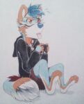  anthro arctic_wolf blep blue_hair bottomwear canid canine canis clothing controller eyebrows falcon_woodwere gaming hair hoodie male mammal raised_eyebrow red_eyes shorts sitting solo tongue tongue_out topwear traditional_media_(artwork) unknown_artist wolf 