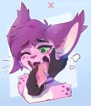  anthro big_ears blush bodily_fluids disembodied_hand drooling felid feline fur green_eyes hair hi_res lynx male mammal momo_(character) naika one_eye_closed open_mouth pink_body pink_fur purple_hair saliva solo spots teeth tongue tongue_grab whiskers 
