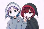  2girls asakura_toru black_hoodie closed_mouth green_eyes grey_hoodie hair_ornament hairclip hand_up hat higuchi_madoka hiroya_masaharu hood hood_up hoodie idolmaster idolmaster_shiny_colors looking_at_viewer multiple_girls pom_pom_(clothes) purple_background purple_eyes purple_hair red_hair santa_hat short_hair sleeves_past_wrists smile snowflake_background snowflake_hair_ornament upper_body v 