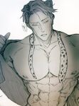  1boy abs animal_ears collared_shirt dog_ears highres jujutsu_kaisen looking_at_viewer male_focus muscular muscular_male nanami_kento necktie nekonii open_mouth pectorals shirt short_hair solo teeth undone_necktie undressing upper_body 