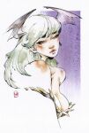 blush breasts chuma_hill clothed clothing female gaze green_hair hair humanoid painting_(artwork) smoldering solo traditional_media_(artwork) watercolor_(artwork)