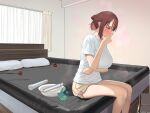  1girl a1_(initial-g) bed bedroom blush breasts brown_hair closed_mouth commentary_request copyright_request gloves green_gloves hair_bun large_breasts on_bed orange_eyes pillow shirt short_sleeves shorts single_hair_bun sitting syringe t-shirt thighs white_shirt yellow_shorts 