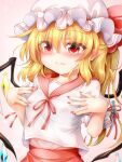  1girl bangs blonde_hair blush covered_nipples crystal flandre_scarlet hair_between_eyes hand_on_own_chest hands_up hat marukyuu_ameya multicolored multicolored_wings pink_background pink_nails pink_ribbon pink_skirt red_eyes red_ribbon ribbon sailor_collar skirt solo touhou white_headwear wings 