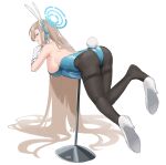  1girl animal_ears ass asuna_(blue_archive) asuna_(bunny)_(blue_archive) backless_leotard bar_stool bare_shoulders blue_archive blue_eyes blue_leotard blush breasts detached_collar fake_animal_ears fake_tail fikkyun gloves halo highleg highleg_leotard highres large_breasts leotard long_hair looking_at_viewer lying on_stomach playboy_bunny rabbit_ears rabbit_tail sideboob simple_background smile solo stool strapless strapless_leotard tail thighs very_long_hair white_background white_gloves wrist_cuffs 