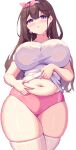  1girl belly_grab blush breasts brown_hair buruma character_request copyright_request covered_nipples gym_shirt gym_uniform highres huge_breasts lifted_by_self long_hair looking_at_viewer midriff piao_mao pink_buruma pixel_art plump purple_eyes shirt solo stomach stomach_day sweat thick_thighs thighhighs thighs white_background 