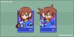  1girl aile_(mega_man_zx) biometal blue_jacket brown_hair character_name closed_mouth copyright_name cropped_jacket green_eyes henshin_pose holding jacket mega_man_(series) mega_man_zx model_x_(mega_man) nghtmrsrph open_mouth pixel_art robot_ears spiked_hair upper_body vent_(mega_man) 