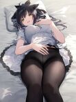  1girl absurdres animal_ear_fluff animal_ears arknights bed_sheet black_hair black_pantyhose breasts cat_ears feet_out_of_frame fine_fabric_emphasis floppy_ears frills gathers green_eyes hand_on_own_chest hand_on_own_stomach high_ponytail highres jessica_(arknights) lace lace_panties long_hair looking_at_viewer lying medium_breasts multicolored_hair on_back panties panties_under_pantyhose pantyhose parted_lips pillow purple_hair shirt short_sleeves sishui_liuyue solo tearing_up two-tone_hair underwear wavy_mouth white_panties white_shirt 