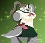 2017 anthro artist_name asian_clothing blue_eyes bottomwear brown_hair canid canine canis clothing cosplay crown digital_media_(artwork) east_asian_clothing female fur grey_body grey_fur hair hand_behind_head headgear hi_res japanese_clothing japanese_school_uniform mammal multicolored_body multicolored_fur overweight overweight_anthro overweight_female sailor_jupiter sailor_moon_(series) school_uniform serafuku skirt solo sophia_(xxsparcoxx) thick_thighs tiara topwear two_tone_body two_tone_fur uniform white_body white_fur wolf xxsparcoxx