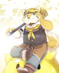 anthro apron canid canine canis clothing domestic_dog eyewear facial_hair fur goatee goggles hammer hi_res live-a-hero male mammal procy scar short_stack sirius_hoshi_s solo tools topwear vest yellow_body yellow_fur 