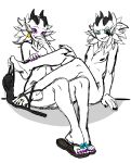 absurd_res albino clothing demon duo feet flip_flops foot_ninja15 footwear hi_res humanoid male male/male mike_(foot_ninja15) sandals sketch unfinished vigor-mie xayn_(foot_ninja15)