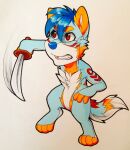  anthro arctic_wolf blue_hair canid canine canis chest_tuft chibi falcon_woodwere hair hi_res male mammal melee_weapon nude on_one_leg open_mouth red_eyes solo standing swinging sword traditional_media_(artwork) tuft unknown_artist weapon wolf 