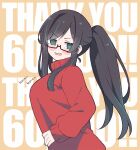  1girl black_hair blush english_commentary english_text eyebrows_visible_through_hair glasses green_hair hair_behind_ear hand_on_own_stomach highres kukie-nyan long_hair milestone_celebration multicolored_hair original ponytail red_sweater smile solo streaked_hair sweater turtleneck turtleneck_sweater v-shaped_eyebrows 
