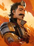  1boy ammunition_belt apex_legends artist_name black_hair black_jacket bullet cropped_torso explosive facial_hair fuse_(apex_legends) grenade highres iwamoto_zerogo jacket jewelry looking_at_viewer male_focus mechanical_arms multicolored_hair mustache necklace science_fiction single_mechanical_arm sleeveless sleeveless_jacket smile solo streaked_hair upper_body white_hair 