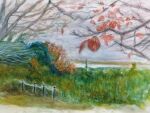  autumn autumn_leaves bush fence fence_post grass highres no_humans original painting_(medium) pcpqapfxcw0ky8w river scenery tall_grass traditional_media tree watercolor_(medium) weeds wooden_fence 