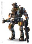  1other ambiguous_gender backpack bag bt-7274 carl_tabora commission copyright_name english_commentary flag gun hatchling_(outer_wilds) helmet highres holding holding_gun holding_weapon mecha outer_wilds robot shadow simple_background spacesuit thumbs_up titan_(titanfall) titanfall_(series) titanfall_2 watermark weapon white_background 
