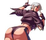  1girl angel_(kof) ass blue_eyes fingerless_gloves from_behind gloves hair_over_one_eye jacket looking_at_viewer nakamanga short_hair the_king_of_fighters the_king_of_fighters_xv tongue tongue_out white_hair 