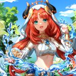  1girl 2023 :d blue_eyes cen_(cenll) crop_top dated day detached_sleeves floating_hair genshin_impact highres horns long_hair long_sleeves looking_at_viewer low_twintails midriff navel nilou_(genshin_impact) open_mouth outdoors red_hair smile solo stomach twintails upper_body very_long_hair white_veil 