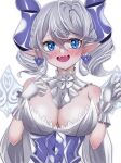  1girl blush breasts cleavage demon_girl demon_horns demon_wings dress duel_monster fangs gloves grey_eyes highres horns kate_(iloveyorm) large_breasts looking_at_viewer lovely_labrynth_of_the_silver_castle low_wings pointy_ears purple_horns smile solo twintails upper_body white_background white_hair wings yu-gi-oh! 