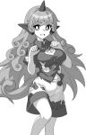  1girl :d breasts collared_shirt commentary_request cowboy_shot curly_hair dog_girl dog_tail greyscale hands_up horns komano_aunn leg_up long_hair looking_at_viewer medium_breasts monochrome onkn_sxkn open_mouth pointy_ears shirt short_sleeves shorts simple_background single_horn smile solo tail touhou white_background 