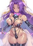  1girl black_gloves black_thighhighs breasts commission dark-skinned_female dark_skin elbow_gloves gloves highres jewelry large_breasts long_hair looking_at_viewer matsuda_(matsukichi) original pixiv_commission purple_hair red_eyes solo thighhighs thighs veil white_background 