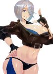  1girl angel_(kof) blue_eyes breasts chaps cleavage fingerless_gloves gloves hair_over_one_eye hand_on_own_hip highres ippo jacket midriff pointing smile the_king_of_fighters the_king_of_fighters_xv white_hair 