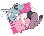  1girl :d animal_ears aqua_eyes aqua_hair bare_shoulders black_footwear black_leotard black_ribbon blade_(galaxist) breasts colored_inner_hair commentary curled_up fake_animal_ears from_side grey_pantyhose hair_ornament hair_ribbon hairband hatsune_miku heart heart-shaped_pupils heart_hair_ornament high_heels hugging_object leotard long_hair looking_at_viewer looking_to_the_side multicolored_hair open_mouth pantyhose pink_background pink_hair pink_pupils pink_ribbon playboy_bunny rabbit_ears rabbit_hole_(vocaloid) rabbit_tail ribbon shoes small_breasts smile solo square strapless strapless_leotard stuffed_animal stuffed_rabbit stuffed_toy sweatdrop symbol-only_commentary symbol-shaped_pupils tail teardrop_facial_mark twintails two-tone_background two-tone_hair white_background white_hairband x_hair_ornament 