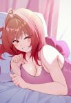  1girl absurdres ahoge bed breasts cleavage commentary_request highres hololive hololive_dev_is ichijou_ririka inuinuo_gataken large_breasts long_hair on_bed orange_eyes orange_hair pillow pink_curtains smile virtual_youtuber 