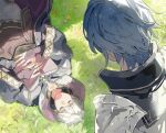  2boys aisutabetao blue_hair book chrom_(fire_emblem) fire_emblem holding holding_book lying multiple_boys on_back on_grass on_ground outdoors robe robin_(fire_emblem) white_hair 