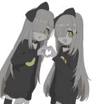  2girls @_@ absurdres animal_collar animal_hands black_bow black_hoodie blunt_bangs blush bow claws clone collar cowboy_shot fang fewer_digits floppy_ears grey_hair hair_bow hair_ornament hair_over_one_eye hand_up heart heart_hands heart_hands_duo highres hood hood_down hoodie long_hair long_sleeves multiple_girls nervous_sweating one_eye_covered open_mouth original oyasu_miyo pawpads print_hoodie print_shirt rabbit_hair_ornament shirt simple_background single_thighhigh skin_fang smile standing sweat thighhighs vreparty white_background yellow_eyes 
