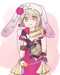  1girl animal_hat blonde_hair braid braided_ponytail expressive_clothes fire_emblem fire_emblem_engage fire_emblem_heroes framme_(fire_emblem) framme_(spring)_(fire_emblem) fukui hair_over_shoulder hat official_alternate_costume pelvic_curtain rabbit_hat scarf solo yellow_eyes yellow_scarf 