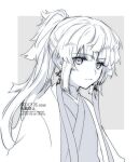 1girl aoiro_hiro closed_mouth dated earrings expressionless fate/samurai_remnant fate_(series) greyscale haori japanese_clothes jewelry kimono long_hair looking_at_viewer monochrome ponytail simple_background solo upper_body white_hair yui_shousetsu_(fate) 
